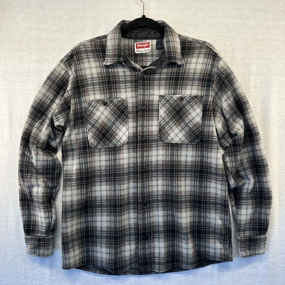 Wrangler Shacket Sz M Gray Tones Plaid Fleece Button Up Long Sleeve Western Work - Picture 1 of 10